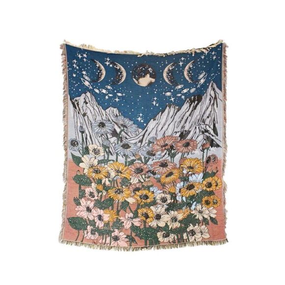 Phases of the Moon Mountain Night Sky Woven Jacquard Throw Blanket Tapestry - Picture 1 of 6